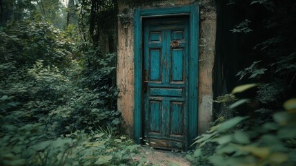 A weathered blue wooden door with peeling paint stands open amidst overgrown foliage and dense green plants an abandoned structure