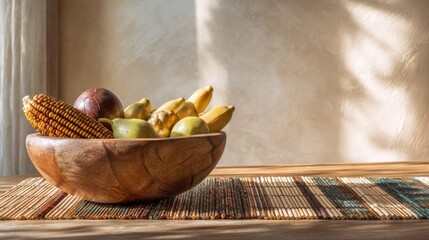 Rustic wooden bowl with fresh fruit and vegetables on sunlit table for natural home decor
