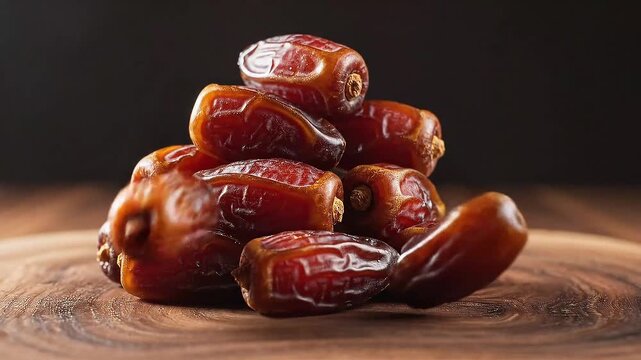 A close-up view of succulent, naturally sweet dried dates artfully arranged on a rustic wooden board, highlighting their rich texture and healthy appeal