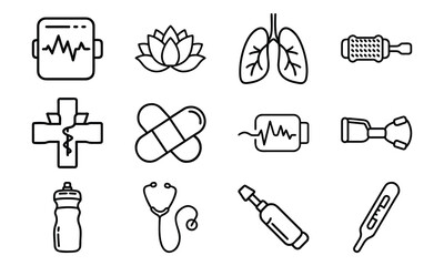 Versatile Lifestyle Icon Set Featuring Fitness Dumbbells, Blood Pressure Monitor, Calendar, Kitchen Utensils, Electric Kettle, First Aid Kit, and Decorative Tableware Collage