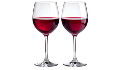 Two stemmed glasses filled with ruby-red wine, isolated against a dark background