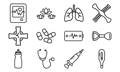 Versatile Lifestyle Icon Set Featuring Fitness Dumbbells, Blood Pressure Monitor, Calendar, Kitchen Utensils, Electric Kettle, First Aid Kit, and Decorative Tableware Collage