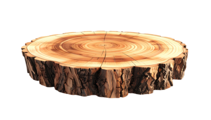 A detailed, isolated cross-section of a tree trunk, showing wood grain and bark