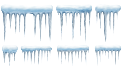 icicles in various shapes and sizes hanging down isolated on white background transparent background