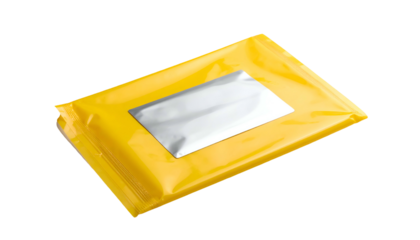 Yellow sealed package with silver label, isolated on black, angled view