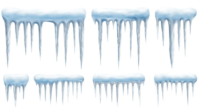 icicles in various shapes and sizes hanging down isolated on white background transparent background