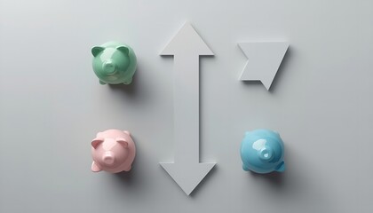 A creative arrangement of colorful piggy banks and arrows on a gray background, symbolizing financial decisions and choices.