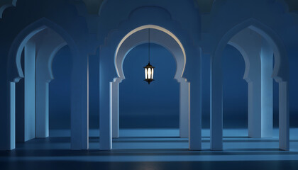 Fototapeta premium Islamic Archway Background, dark blue atmospheric lighting, hanging illuminated lantern perfect for Ramadan posters, Eid greeting cards, and product promotions