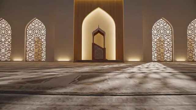 Interior of a grand mosque with intricate geometric patterns on windows and a mihrab illuminated by soft lighting