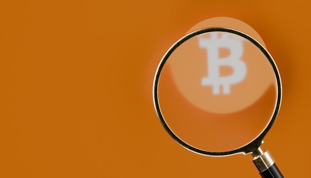 bitcoin crypto logo with magnifying glass hovering above, plain background