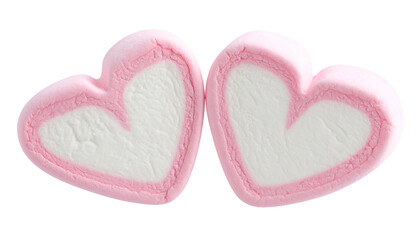 Two pink and white heart-shaped marshmallows against a stark black backdrop