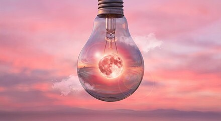 Creative concept light bulb with glowing planet earth inside against pink purple sunset sky, innovation and environmental idea