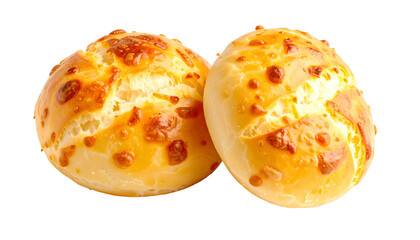 Two golden-brown, cheesy bread rolls, perfectly baked, against a stark black background