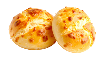 Two golden-brown, cheesy bread rolls, perfectly baked, against a stark black background