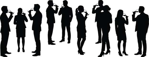 Business people silhouettes drinking wine together, corporate networking, celebration, social event, teamwork culture, professional lifestyle illustration isolated on white