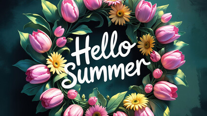 Floral wreath of pink tulips and yellow daisies with text "Hello Summer" on a dark green background