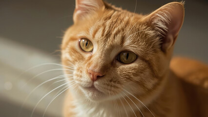 Close-up of an orange tabby cat with golden eyes in soft natural light indoors