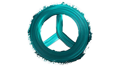 Teal-painted peace symbol in a circle, on black background, with visible brushstrokes