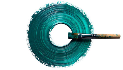 Teal paint swirled into a circular pattern with a paint brush on a black background