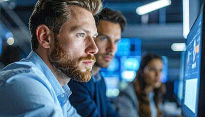 Two professionals attentively working at a computer, with a third person observing in the background
