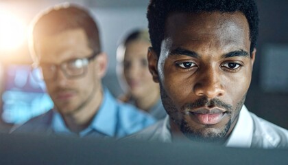 Focused on the work, a close-up of a person who is concentrated, accompanied by the presence of two additional individuals