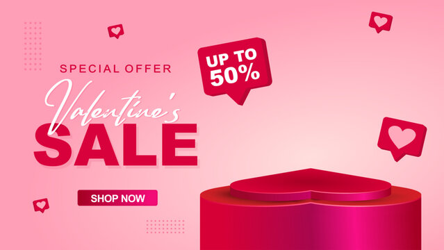 Valentine&rsquo;s Day Sale Banner with Heart Podium and Up to 50 Percent Discount