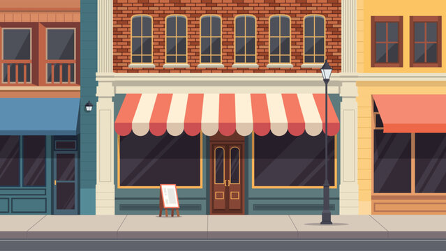 Vintage City Storefront and Shop Facade.Charming Retro Boutique with Striped Awning on a City Street.Flat Design Urban Streetscape with Classic Small Business Shops