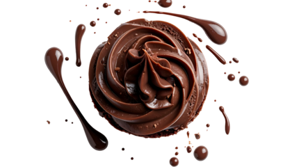 A close-up of a chocolate cupcake with swirls of frosting and chocolate drips on a black backdrop