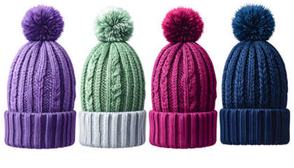 Four colorful knit winter hats with pom-poms, close-up, isolated on black background