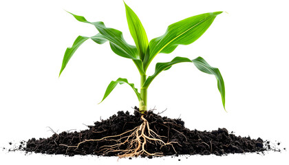 A vibrant young plant, roots exposed in soil, flourishing against a stark black background