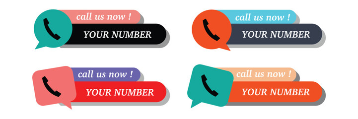 Call us now colourful button vector sign. Phone with call number contact details. Template for defferent color silhouettd symbol vector.
