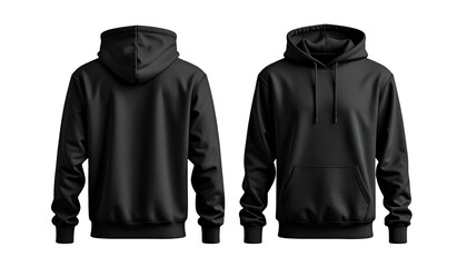 Front and back views of a black hoodie against a black background