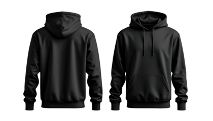 Front and back views of a black hoodie against a black background
