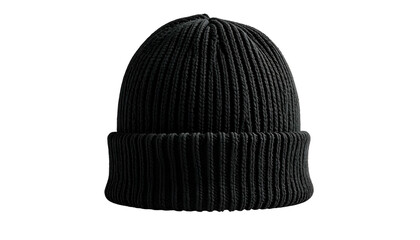 A close-up of a black knit beanie, viewed from the front, against a stark black background