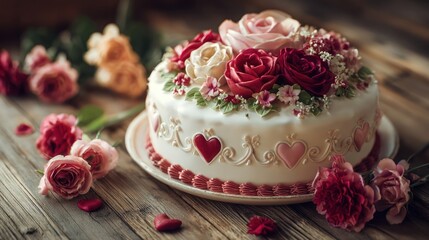 A beautifully decorated Valentine's Day cake with intricate designs and fresh flowers, set against a rustic wooden table, 8k, realistic, full ultra HD, high resolution, cinematic photography