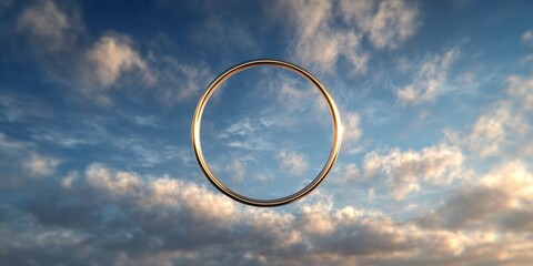 Golden Ring Floating Against Cloudy Sky Background