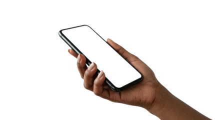 Hand holding a modern smartphone with a blank screen against a plain white background png with transparency