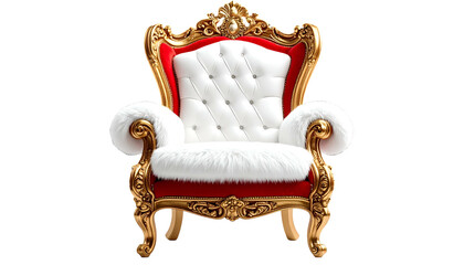 Ornate gold-framed chair with red accents, fluffy white trim, and a buttoned white seat