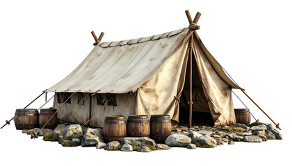 Rustic canvas tent with wooden supports, barrels, and rocky ground, isolated on black