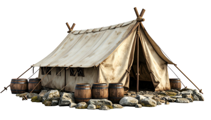 Rustic canvas tent with wooden supports, barrels, and rocky ground, isolated on black