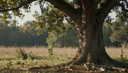 Fototapeta premium Majestic ancient oak tree with sprawling roots in a sun dappled meadow