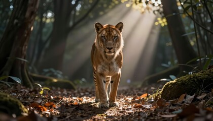 Majestic lion walking through sunlit forest with dappled light filtering through trees