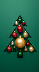 Fototapeta premium A flat lay image presents a stylized Christmas tree formed by a silhouette cut-out against a solid emerald green background
