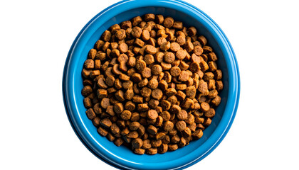 Overhead shot of a blue pet bowl overflowing with dry, brown kibble on a black backdrop