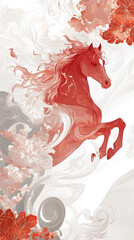 The red horse on a white background. Modern illustration mimicking the look of digital silk painting. Lunar New Year symbolism.