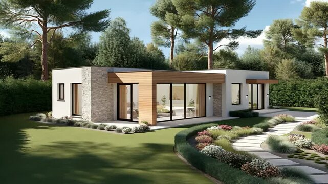 Modern single-story house with glass walls, wood accents and stone details surrounded by green lawn, pine trees and flower beds under soft sunlight. Concept of sustainable architectural design