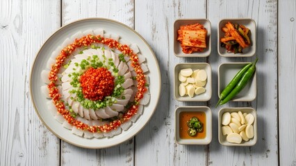 Top view of fresh white fish sashimi Saengseon-hoe arranged on green chives with kimchi, garlic, and gochujang sauce on a white wooden background. Authentic Korean seafood.