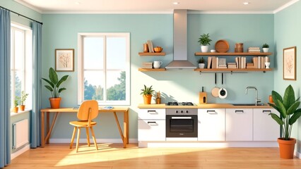 Bright kitchen suite in light blues