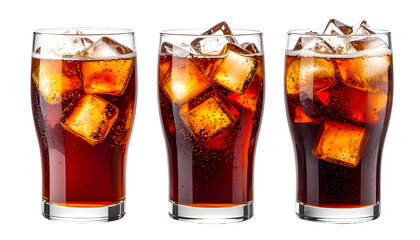 Three tall glasses of a dark, bubbly beverage with ice cubes, against a black backdrop
