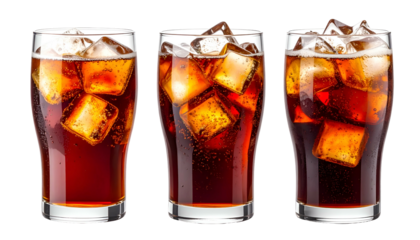 Three tall glasses of a dark, bubbly beverage with ice cubes, against a black backdrop